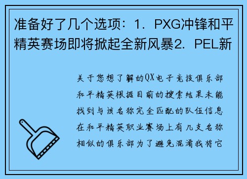 准备好了几个选项：1.  PXG冲锋和平精英赛场即将掀起全新风暴2.  PEL新赛季启航：QXG整装待发，志在巅峰在巅峰
